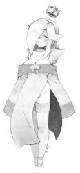 1girl breasts brooch cleavage crown dress earrings floating_crown hair_over_one_eye highres jewelry large_breasts long_hair mario_(series) mini_crown monochrome nintendo off-shoulder_dress off_shoulder rosalina side_slit soul_art12 star_(symbol) star_brooch star_earrings thighhighs very_long_sleeves