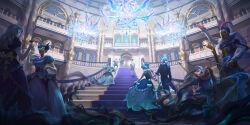 5boys 6+girls ball_gown ballroom blue_dress blue_eyes blue_hair bow_(music) chandelier cup dress drill_hair elbow_gloves gloves highres holding holding_cup holding_hands indoors instrument league_of_legends long_hair mask masquerade masquerade_mask multiple_boys multiple_girls official_art puffy_short_sleeves puffy_sleeves saturn_(satscarlet) short_hair short_sleeves smoke stairs twin_drills walking white_gloves yordle