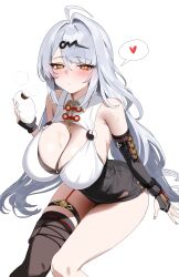1girl absurdres ahoge armpit_crease asymmetrical_gloves bby black_gloves breasts cleavage eating fingerless_gloves food gloves grey_hair hair_ornament heart highres holding holding_food huge_breasts long_hair looking_at_viewer mole mole_on_breast orb single_thighhigh sitting solo spoken_heart steamed_bun thighhighs thighs uneven_gloves very_long_hair yellow_eyes yin_yang yin_yang_orb yixuan_(zenless_zone_zero) zenless_zone_zero