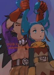 1boy 1girl arms_up belt black_sleeves blue_eyes blue_hair brown_hair commentary_request copyright_name dated dragon_quest dragon_quest_builders_2 dress female_builder_(dqb2) gloves gradient_sky hair_horns hair_pulled_back hair_ribbon holding_another&#039;s_hair hotaru1012 jewelry looking_at_another looking_down looking_up low_ponytail neckerchief necklace open_clothes open_mouth open_shirt orange_pants pants ponytail procreate_(medium) purple_shirt red_belt red_eyes red_gloves red_ribbon ribbon shirt sidoh_(dqb2) skull_belt sky spiked_hair toned toned_male tooth_necklace twintails yellow_gloves yellow_neckerchief