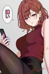 1girl armpit_crease black_skirt blush breasts brown_hair brown_pantyhose cellphone commentary_request fingernails highres higuchi_madoka holding holding_phone idolmaster idolmaster_shiny_colors koya_(koya_x_00) looking_at_viewer medium_breasts miniskirt mole mole_under_eye nail_polish pantyhose pencil_skirt phone red_eyes red_sweater ribbed_sweater short_hair signature skirt sleeveless sleeveless_sweater solo speech_bubble sweater sweater_tucked_in translation_request