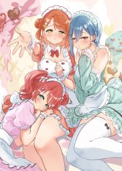 3girls absurdres ai_scream!_(love_live!) aiscream_(love_live!) apron bow bowtie feet_out_of_frame food hair_between_eyes highres kurosawa_ruby looking_at_viewer love_live! maid_apron multiple_girls nekomaru_nisei official_alternate_costume red_bow red_bowtie short_hair sitting tagme thick_thighs thighhighs thighs twintails uehara_ayumu wakana_shiki zettai_ryouiki
