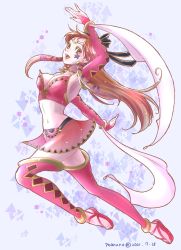 1girl argyle_clothes argyle_thighhighs arm_above_head blue_background breasts brown_eyes brown_hair chrono_cross cleavage cosplay costume_switch dancing detached_sleeves earrings facepaint full_body gloves hair_ribbon hairband head_chain highres jewelry leena_(chrono_cross) leg_up long_hair looking_at_viewer maruno medium_breasts midriff miki_(chrono_cross) miniskirt navel necklace open_mouth partially_fingerless_gloves plunging_neckline ribbon sandals see-through_clothes see-through_skirt shirt sideboob sidelocks skirt smile solo strapless strapless_shirt thighhighs unworn_jewelry unworn_necklace