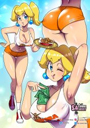 1girl ;q armpits ass between_breasts blonde_hair blue_eyes breasts cleavage earrings food hooters jewelry large_breasts lips long_hair mario_(series) midriff money nintendo one_eye_closed owl_print plate ponytail princess_peach sasa_tseng shoes shorts socks tongue tongue_out waitress