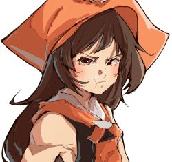 1girl absurdres bare_shoulders brown_eyes closed_mouth commentary english_commentary guilty_gear hat highres long_hair looking_at_viewer mashuudoesntdraw may_(guilty_gear) orange_hat pirate_hat pout sleeveless solo upper_body white_background