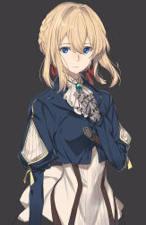 Rule 34 | 1girl, black background, blonde hair, blue eyes, blue jacket, braid, commentary, cropped jacket, dress, gem, green gemstone, grey background, hair intakes, hair ribbon, hand on own chest, highres, jacket, juliet sleeves, kawata hisashi, long sleeves, looking at viewer, mechanical hands, puffy sleeves, red ribbon, ribbon, simple background, solo, symbol-only commentary, upper body, violet evergarden, violet evergarden (series), white dress