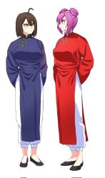 2girls azur_lane baltimore_(azur_lane) blue_dress bremerton_(azur_lane) changpao china_dress chinese_clothes dress hair_between_eyes highres kokoro_no_koibito kung_fu long_sleeves martial_arts monk multiple_girls panties red_dress self-upload shaolin_monk short_hair smile underwear white_panties