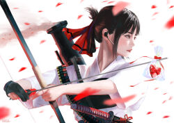 1girl absurdres arrow_(projectile) bag black_hair bow_(weapon) box chihirokrakauer commentary_request falling_petals folded_hair from_side heart-shaped_box highres holding holding_arrow holding_bow_(weapon) holding_weapon kaguya-sama_wa_kokurasetai_~tensai-tachi_no_renai_zunousen~ katana lips nose petals plastic_bag profile realistic red_eyes rocket_launcher shinomiya_kaguya short_hair shotgun_shell signature solo sword weapon wireless_microphone