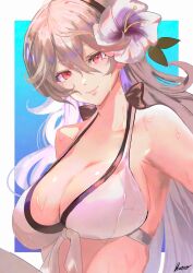1girl armpits bikini black_hairband breasts cleavage closed_mouth female_corrin_(fire_emblem) female_corrin_(novice_vacationer)_(fire_emblem) fire_emblem fire_emblem_fates fire_emblem_heroes flower grey_hair hair_between_eyes hair_flower hair_ornament hairband large_breasts long_hair looking_at_viewer nanashi_kuno nintendo official_alternate_costume pointy_ears red_eyes sideboob skindentation smile solo swimsuit upper_body wet white_bikini