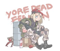 bags_under_eyes barrel beret box cardboard_box commentary dinergate_(girls&#039;_frontline) drum_(container) english_commentary english_text fingerless_gloves girls&#039;_frontline gloves graffiti gun h&amp;k_mp5 half-life half-life_(series) half-life_1 hat headcrab jarv meme military military_uniform mp5_(girls&#039;_frontline) soldier spray_can submachine_gun united_states_marine_corps weapon