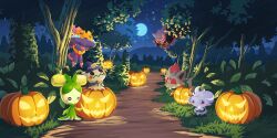 artist_request black_jacket blush blush_stickers bush closed_mouth clothed_pokemon creatures_(company) dolliv espurr espurr_(halloween) eyelashes full_moon game_freak gen_1_pokemon gen_4_pokemon gen_5_pokemon gen_6_pokemon gen_7_pokemon gengar gengar_(halloween) grass grin halloween hat highres jack-o&#039;-lantern jacket mimikyu mimikyu_(halloween) mismagius mismagius_(halloween) moon night night_sky nintendo no_humans official_art open_mouth pokemon pokemon_(creature) pokemon_cafe_remix pokemon_focus pumpkin purple_eyes sky smile star_(sky) teeth third-party_source tree witch_hat zorua zorua_(starry_sky)