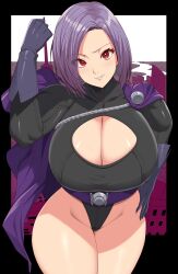 1girl belt black_bodysuit bodysuit breasts cape cityscape cleavage cleavage_cutout clenched_hand clothing_cutout dc_comics gloves highres huge_breasts kloah leotard looking_at_viewer muscular muscular_female palette_swap power_girl purple_cape purple_gloves purple_hair red_eyes sleeved_leotard solo superhero_costume