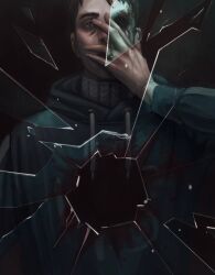 1boy afraid_of_monsters bags_under_eyes blood blood_stain broken_glass brown_eyes brown_hair cellar_art commentary_request david_leatherhoff dual_persona exhausted glass gouged_eye grey_hoodie hand_on_own_face highres hole_in_chest hole_on_body hood hood_down hoodie injury light_particles looking_at_reflection looking_at_self reflection reflection_focus scar scar_on_face short_hair the_addiction_(afraid_of_monsters)