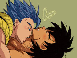 2boys bare_pectorals black_hair black_vest blue_hair blush broly_(dragon_ball_super) closed_eyes cross_scar curtained_hair dark-skinned_male dark_skin dragon_ball dragon_ball_super dragon_ball_super_broly facial_scar from_side gogeta green_background hair_between_eyes heart kiss kissing_neck licking loose_hair_strand male_focus medium_hair metamoran_vest multiple_boys muscular muscular_male parted_lips pectorals scar scar_on_cheek scar_on_chest scar_on_face short_hair sleeveless spiked_hair sweat teeth tongue tongue_out topless_male upper_body upper_teeth_only vest yaoi
