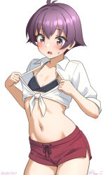 1girl antenna_hair bikini bikini_under_clothes black_bikini breast_conscious brown_eyes collared_shirt cosplay cowboy_shot dress_shirt flat_chest kantai_collection navel noshiro_(kancolle) noshiro_(kancolle)_(cosplay) noshiro_(swimsuit)_(kancolle) one-hour_drawing_challenge open_mouth purple_hair ray.s red_shorts sakawa_(kancolle) shirt short_hair shorts simple_background solo sweat swimsuit tied_shirt white_background white_shirt