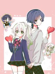 1boy 1girl 52601i absurdres ahoge alternate_costume arm_at_side armlet black_bodysuit black_shorts blazer blue_cape blush bodysuit bow bracelet bright_pupils cape chibi chibi_inset closed_mouth collared_shirt contemporary couple cross-shaped_pupils detached_sleeves drawstring dress eyelashes eyeliner eyeshadow fingernails genshin_impact gold gold_trim gradient_hair green_eyes green_hair green_pants green_skirt green_sleeves hair_between_eyes hand_up hands_on_own_hips hat heart hetero highres holding holding_hands holding_heart hood hood_down hoodie jacket japanese_clothes jewelry jingasa kimono layered_sleeves long_hair long_sleeves looking_at_another looking_at_viewer makeup multicolored_hair nahida_(genshin_impact) open_clothes open_kimono open_mouth pants pink_bow plaid_bow plaid_clothes plaid_pants plaid_skirt pointy_ears purple_eyes purple_hair purple_jacket purple_sleeves raised_eyebrow raised_eyebrows red_eyeliner red_eyeshadow scaramouche_(genshin_impact) school_uniform shirt short_sleeves shorts side_ponytail sidelocks simple_background sketch skirt symbol-shaped_pupils thighhighs wanderer_(genshin_impact) white_cape white_dress white_hair white_hoodie white_kimono white_pupils white_shirt white_sleeves white_thighhighs white_trim white_undershirt