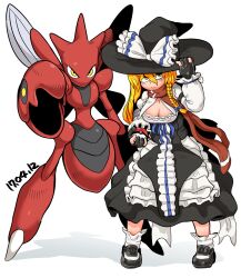 1girl apron black_gloves black_hair black_headwear blonde_hair blue_ribbon bow braid breasts center_frills cleavage cleavage_cutout closed_mouth clothing_cutout commentary_request cookie_(touhou) dated dress expressionless frills full_body gen_2_pokemon gloves hair_between_eyes hand_on_headwear hat hat_bow highres holding holding_poke_ball kirisame_marisa large_breasts long_bangs long_hair looking_at_viewer mars_(cookie) nintendo partially_fingerless_gloves poke_ball pokemon pokemon_(creature) rei_no_himo ribbon scizor shirt shoes simple_background socks standing tetugakuzonbi touhou waist_apron white_background white_bow white_shirt white_socks witch_hat yellow_eyes