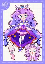 Rule 34 | 2girls, absurdly long hair, aqua eyes, asymmetrical docking, baby, bare shoulders, blunt bangs, border, bow, bowtie, breast press, bright pupils, brooch, choker, cure majesty, deformed, detached sleeves, dot nose, dotted line, dress, dual persona, elbow gloves, ellee-chan, eyelashes, floating, frilled sleeves, frilled thigh strap, frills, full body, gloves, grey background, grid background, hair ornament, happy, heart, heart hair ornament, heart print, highres, hirogaru sky! precure, jewelry, knee up, lace, lace-trimmed dress, lace trim, long dress, long hair, looking at viewer, magical girl, mary janes, microphone, multiple girls, outline, parted lips, precure, puffy short sleeves, puffy sleeves, purple border, purple bow, purple bowtie, purple dress, purple hair, purple shoes, shoes, short sleeves, sidelocks, signature, sitting, sleeveless, sleeveless dress, smile, thigh strap, thighhighs, two side up, uwded 207, vertical-striped sleeves, very long hair, wavy hair, white gloves, white outline, white pupils, white sleeves, white thighhighs, wing hair ornament, yellow choker