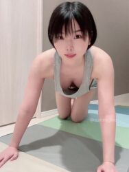 Rule 34 | 1girl, all fours, animated, asian, bare shoulders, black hair, bouncing breasts, breasts, downblouse, exercising, extended downblouse, hanging breasts, highres, indoors, jiggle, looking at viewer, medium breasts, no bra, parted lips, push-ups, real life, shadow, short hair, smile, solo, sound, sumire live, tagme, tank top, teeth, twitter username, video