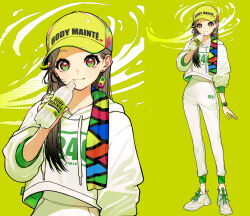 1girl baseball_cap body_mainte bottle brown_hair closed_mouth commentary_request drawstring earrings green_background hat highres holding holding_bottle hood hood_down jewelry looking_at_viewer official_art original pants shoes simple_background sneakers sports_drink white_footwear white_hood white_pants yellow_hat yuu_(higashi_no_penguin) zoom_layer