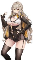 1girl absurdres breasts brown_hair cape cleavage_cutout clothing_cutout covered_navel drill_hair fingerless_gloves gloves hand_on_own_hip highres hip_vent large_breasts lillly long_hair long_sleeves original smile solo standing thighhighs underboob underboob_cutout very_long_hair white_background yellow_eyes