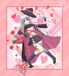 Rule 34 | 1girl, :d, ahoge, asymmetrical legwear, ayachi nene, belt, belt bra, black boots, black cape, black skirt, blush, boots, bouquet, box, breasts, cape, chinese commentary, cleavage, commentary request, dutch angle, falling petals, floating hair, flower, fuchuangzi summerwind, full body, grey hair, gun, hair between eyes, handgun, hat, heart, heart-shaped box, highres, kneehighs, knees together feet apart, large breasts, long hair, looking at viewer, miniskirt, mismatched legwear, navel, open mouth, petals, pink background, pink belt, pink cape, pixel art, pleated skirt, purple eyes, red flower, red rose, rose, rose petals, sanoba witch, simple background, single thighhigh, skirt, smile, socks, solo, standing, straight hair, striped clothes, striped thighhighs, thighhighs, two-sided cape, two-sided fabric, very long hair, weapon, white socks, witch, witch hat, zettai ryouiki
