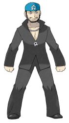 1boy bandana beard black_eyes black_pants black_shirt black_shoes blue_bandana chain chain_necklace clenched_hands closed_mouth collarbone collared_shirt facial_hair full_body highres jewelry knees legs_apart logo long_sleeves male_focus necklace nintendo official_art pants pokemon pokemon_rse popped_collar shirt shoes short_hair smile solo standing sugimori_ken team_aqua third-party_source transparent_background