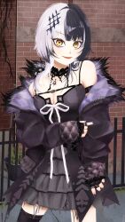 1girl absurdres black_choker black_coat black_dress black_hair black_nails breasts brick_wall choker cleavage closed_mouth coat dress fence fur-trimmed_coat fur_trim grey_hair hair_ornament highres hololive hololive_english jewelry korekada long_hair looking_at_viewer medium_breasts multicolored_hair plant potted_plant purple_coat red_lips ribbon ring shiori_novella shiori_novella_(1st_costume) smile solo split-color_hair two-sided_coat two-sided_fabric two-tone_hair virtual_youtuber white_ribbon yellow_eyes yorick_(shiori_novella)