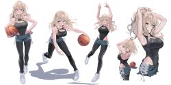 Rule 34 | 1girl, absurdres, armpits, arms up, ass, ball, bare shoulders, basketball, basketball (object), black leggings, black leotard, blonde hair, blush, breasts, brown eyes, brown hair, cleavage, cleavage cutout, closed mouth, clothing cutout, covered navel, denim, denim shorts, dribbling (basketball), glasses, highres, large breasts, leggings, leggings under shorts, leotard, long hair, navel, open mouth, original, ponytail, shoes, shorts, simple background, smile, solo, sthk, tongue, tongue out, tying hair, white background