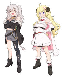 2girls ^_^ absurdres ahoge animal_ears armpits bare_shoulders belt_pouch black_boots black_jacket black_pantyhose black_shirt blonde_hair blush boots bow bowtie braid breasts brooch cape cleavage closed_eyes closed_mouth commentary crop_top crossed_arms curled_horns detached_sleeves dress ear_piercing fang full_body fur-trimmed_boots fur-trimmed_cape fur-trimmed_dress fur-trimmed_jacket fur-trimmed_sleeves fur_trim grey_hair grey_skirt hair_between_eyes hair_ornament hairclip hands_on_own_hips high_heel_boots high_heels highres hololive horns jacket jewelry kazuma_muramasa large_breasts lion_ears lion_girl long_hair long_sleeves messy_hair midriff miniskirt multiple_girls navel necklace o-ring o-ring_thigh_strap off_shoulder open_mouth pantyhose piercing pink_cape pouch purple_eyes red_bow red_bowtie see-through_clothes sheep_ears sheep_girl sheep_horns sheep_tail shirt shishiro_botan shishiro_botan_(1st_costume) short_dress sidelocks simple_background single_leg_pantyhose skirt sleeveless sleeveless_dress sleeveless_shirt smile standing tail thigh_strap torn_clothes torn_pantyhose tsunomaki_watame tsunomaki_watame_(1st_costume) two-sided_cape two-sided_fabric two_side_up very_long_hair virtual_youtuber white_background white_dress zipper_skirt