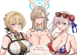 3girls american_flag american_flag_bikini american_flag_print animal_ears asuna_(blue_archive) asuna_(bunny)_(blue_archive) bikini birthday_cake blonde_hair blue_archive blue_bow blue_bowtie blue_eyes blue_halo bow bowtie braid braided_bun breasts bun_cover cake cleavage commentary commission crossover detached_collar evelyn_chevalier eyewear_on_head fake_animal_ears fate/grand_order fate_(series) flag_print flag_print_bikini food hair_bun halo highres large_breasts leotard miyamoto_musashi_(fate) miyamoto_musashi_(fate/grand_order) miyamoto_musashi_(swimsuit_berserker)_(fate) miyamoto_musashi_(swimsuit_berserker)_(second_ascension)_(fate) mole mole_on_breast multiple_girls necktie official_alternate_costume pink_hair playboy_bunny print_bikini purple_eyes rakeemspoon strapless strapless_leotard sunglasses swimsuit symbol-only_commentary white_background yellow_necktie zenless_zone_zero