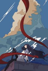 Rule 34 | 1girl, absurdres, akemi homura, akemi homura (magical girl), argyle clothes, argyle footwear, black boots, black capelet, black eyes, black hair, blue sky, boots, bow, bowtie, capelet, chinese commentary, closed mouth, cloud, collared capelet, commentary request, cumulonimbus cloud, day, dress, flat color, floating hair, frilled skirt, frills, from side, full body, grey skirt, hair between eyes, high-waist skirt, high collar, highres, knee up, layered sleeves, ligne claire, long hair, long sleeves, looking up, magical girl, mahou shoujo madoka magica, mahou shoujo madoka magica (anime), miniskirt, n474380933, on roof, outdoors, pleated skirt, purple bow, purple bowtie, purple capelet, purple skirt, red ribbon, ribbon, short dress, sitting, sitting on roof, skirt, skirt under dress, sky, solo, thigh boots, two-tone capelet, very long hair, white dress, wind