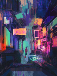 1other alley black_hair bridge city dkaism floating glowing hands_in_pockets jacket neon_lights night original painterly red_jacket scenery short_hair solo