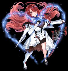 Rule 34 | 1girl, ahoge, arjend, black background, blue fire, blue hair, blush, breasts, colored inner hair, commentary, dress, elizabeth rose bloodflame, elizabeth rose bloodflame (1st costume), eyelashes, fire, fire on chest, from above, gloves, hair between eyes, hand on own chest, heart, holding, holding sword, holding weapon, hololive, hololive english, huge ahoge, large breasts, long hair, long sleeves, looking at viewer, multicolored hair, red eyes, red hair, simple background, smile, solo, sword, two-tone hair, very long hair, virtual youtuber, weapon