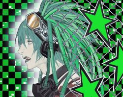 alternate_costume aqua_eyes aqua_hair aqua_lips checkered_background death_note death_note_(object) dreadlocks eyewear_on_head fangs from_side goggles gothic_punk green_hair highres lips mask matt_(death_note) multicolored_hair nose open_mouth ouragan90416059 star_(symbol) teeth