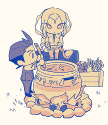 2boys ace_attorney antenna_hair apollo_justice boots braid buttons campfire cauldron chibi closed_mouth coat crate duo_chromatic fire food forehead_jewel forked_eyebrows log long_hair long_sleeves male_focus multiple_boys nahyuta_sahdmadhi no_nose pants scroll shirt shoes short_hair sidelocks simple_background sitting sleeves_rolled_up soup takigi vegetable very_long_hair vest white_background