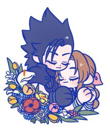 Rule 34 | 105zz, 1boy, 1girl, :3, aerith gainsborough, armor, black hair, bracelet, braid, braided ponytail, brown hair, closed eyes, closed mouth, commentary request, couple, crisis core final fantasy vii, facing another, final fantasy, final fantasy vii, final fantasy vii remake, flower, hair ribbon, hand on another&#039;s shoulder, jewelry, leaf, parted bangs, pink flower, pink ribbon, ponytail, red flower, ribbon, shoulder armor, smile, spiked hair, upper body, white background, yellow flower, zack fair