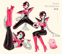 Rule 34 | 1boy, android, artist name, black hair, boots, colored skin, full body, ghost, haihiirutteiina, hair over one eye, heart, highres, index finger raised, invisible chair, joints, knee boots, legs up, looking at viewer, lying, male focus, metal skin, mettaton, mettaton ex, multiple views, on back, one eye covered, pink boots, robot joints, short hair, sitting, smile, swept bangs, tongue, tongue out, twitter username, undertale, white background, white skin