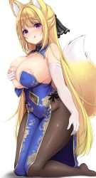 1girl absurdres animal_ears areola_slip bare_shoulders black_bow blonde_hair blush bow breasts china_dress chinese_clothes clothing_cutout detached_collar dress elbow_gloves fox_ears fox_girl gloves grabbing_own_breast highres kneeling large_breasts long_hair looking_at_viewer navel navel_cutout nipples original pantyhose purple_eyes smile sogaya solo tongue tongue_out white_gloves