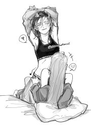 2girls absurdres blush commentary_request earrings greyscale highres jewelry long_hair monochrome multiple_girls off_shoulder one_eye_closed original pants pillow spoken_squiggle sports_bra squiggle straddling szm_hattori01 twitter_username undressing yuri