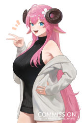 Rule 34 | 1girl, animal ears, artist name, bare shoulders, black sweater, blue eyes, blush, breasts, cardigan, commission, curled horns, english text, flower, hair flower, hair ornament, hand on own hip, highres, horns, large breasts, long hair, nhaliz, open cardigan, open clothes, open mouth, original, pink hair, pink lips, sheep ears, sheep horns, simple background, sleeveless, sleeveless sweater, smile, solo, sweater, teeth, thighs, v, white background, white cardigan, white flower