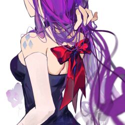 1girl adjusting_hair alternate_skin_color back backboob bare_shoulders black_choker black_dress bow breasts choker cutie_mark diamond_(shape) dress elbow_gloves from_behind gloves hand_up long_hair medium_breasts my_little_pony my_little_pony:_equestria_girls my_little_pony:_friendship_is_magic purple_hair rarity_(equestria_girls) rarity_(my_little_pony) red_bow shoulder_tattoo simple_background solo strapless strapless_dress tattoo upper_body very_long_hair white_background white_gloves wumingshi61160
