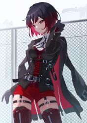 1girl belt black_belt black_bustier black_corset black_gloves black_hair black_jacket breasts chain-link_fence chest_harness colored_inner_hair contrapposto corset cowboy_shot fence gloves gradient_hair harness highres jacket kisaragi_ren_(vtuber) long_sleeves looking_at_viewer medium_breasts multicolored_hair o-ring red_bustier red_eyes red_hair red_jacket red_shorts red_thighhighs shirt short_hair short_shorts shorts solo thigh_strap thighhighs tokonagi_yori two-sided_fabric two-sided_jacket virtual_youtuber vspo! vspo!_showdown white_shirt wing_collar