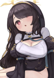 1girl :o absurdres black_dress black_hair black_veil blue_archive blush breasts cleavage cleavage_cutout clothing_cutout commentary cowboy_shot dress eyes_visible_through_hair hair_over_one_eye halo head_tilt highres hinata_(blue_archive) juliet_sleeves large_breasts leaning_forward long_hair long_sleeves looking_at_viewer nun open_mouth puffy_sleeves red_eyes simple_background sitting solo teruriu two-tone_dress veil very_long_hair white_background white_dress yellow_halo