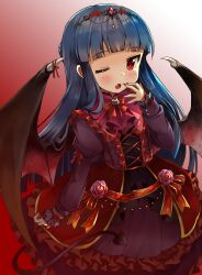 Rule 34 | 1girl, ascot, blue hair, blush, cat ornament, cross-laced clothes, cross-laced dress, demon tail, demon wings, dress, dress ribbon, fang, flower, gradient background, hand on own face, headpiece, highres, idolmaster, idolmaster cinderella girls, idolmaster cinderella girls starlight stage, juliet sleeves, long hair, long sleeves, looking at viewer, michii yuuki, one eye closed, open mouth, puffy sleeves, red ascot, red background, red dress, red eyes, red flower, red ribbon, red rose, ribbon, rose, sajo yukimi, scrunchie, solo, tail, white background, wings, wrist scrunchie