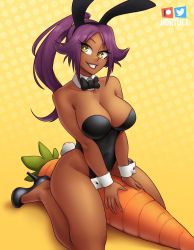 1girl animal_ears artist_name black_bow black_bowtie bleach bow bowtie breasts carrot cleavage dark-skinned_female dark_skin detached_collar fake_animal_ears fake_tail grin high_heels highleg highleg_leotard large_breasts leotard lips nortuet oversized_object playboy_bunny ponytail purple_hair rabbit_ears rabbit_tail shihouin_yoruichi smile solo tail traditional_bowtie wrist_cuffs yellow_eyes