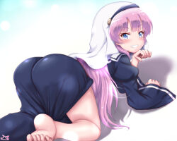 1girl all_fours ass barefoot black_dress blue_eyes blush commentary dress grin kamisama_ni_natta_hi long_hair long_sleeves looking_at_viewer pink_hair puffy_long_sleeves puffy_sleeves samenoido satou_hina_(kamisama_ni_natta_hi) shadow smile solo veil white_veil