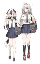 2girls alternate_costume animal_ears bag black_hair black_shoes black_socks blue_necktie blue_skirt bone_hair_ornament breasts collared_shirt commentary_request coralie_6626_planck dog_ears dog_girl dog_tail erdos_helia grey_hair hair_intakes hair_ornament highres homu_(honkai_impact) honkai_(series) honkai_impact_3rd large_breasts long_hair mole mole_under_eye multicolored_hair multiple_girls necktie ohta_yuichi open_mouth pleated_skirt red_shoes school_uniform shirt shoes shoulder_bag skirt small_breasts socks tail two-tone_hair white_hair white_shirt white_socks