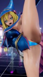 1girl 3d absurdres artist_request ass bare_legs bare_shoulders blonde_hair blush_stickers breasts cameltoe city cleavage dark_magician_girl duel_monster flexible hat highleg highleg_panties highres leg_up long_hair looking_at_viewer magical_girl night night_sky open_mouth panties salute shiny_skin skirt sky smile solo standing standing_on_one_leg thong underwear wizard_hat yu-gi-oh! yu-gi-oh!_duel_monsters