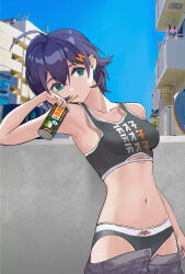 2girls absurdres against_wall aqua_eyes armpits belle_(zenless_zone_zero) binoculars blue_sky building can drink_can drinking_straw drinking_straw_in_mouth hair_between_eyes highres holding holding_binoculars looking_to_the_side multiple_girls nicole_demara peeking purple_hair sky underwear undressing user_wxvy4233 zenless_zone_zero